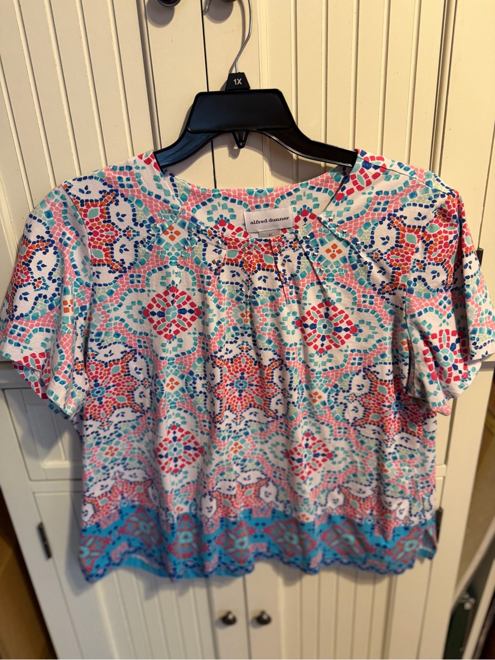 Alfred Dunner White Short Sleeve Top with Pink, Blue & Teal Mosaic Print